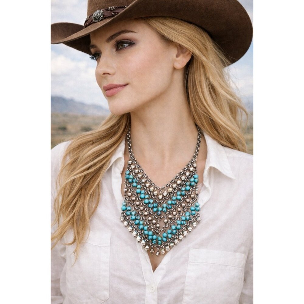Lucky Brand Faux Turquoise Chain Mail Bib Necklace Western Southwest Adjustable